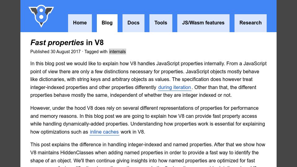 Screenshot of v8.dev: Fast Properties in V8 (2017)
