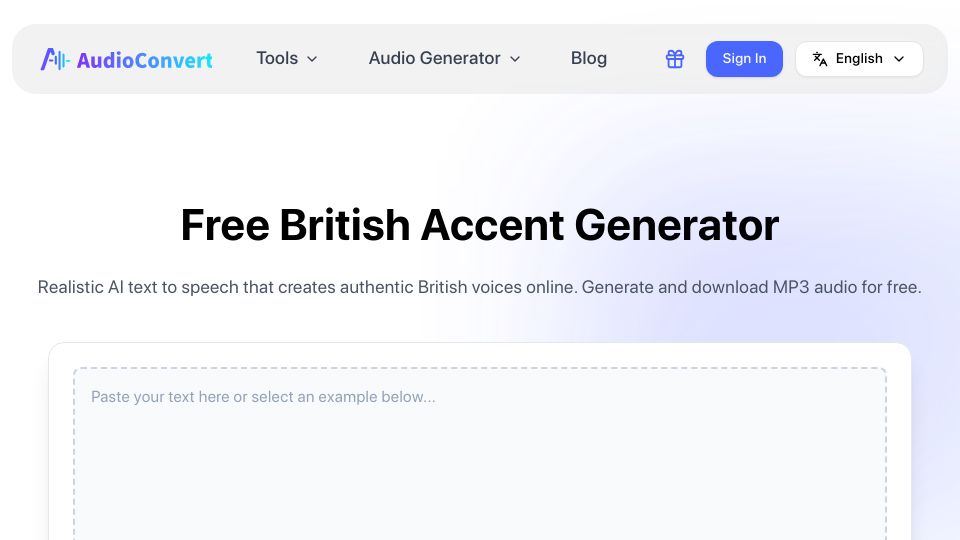 Screenshot of audioconvert.ai: Show HN: A free online British accent generator for instant voice conversion