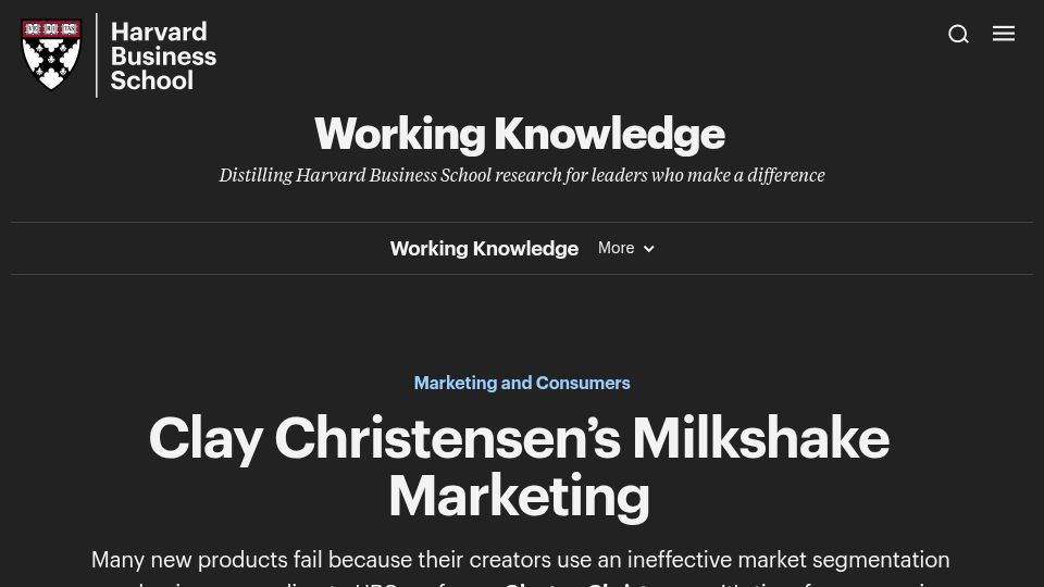 Screenshot of library.hbs.edu: Clay Christensen's Milkshake Marketing (2011)