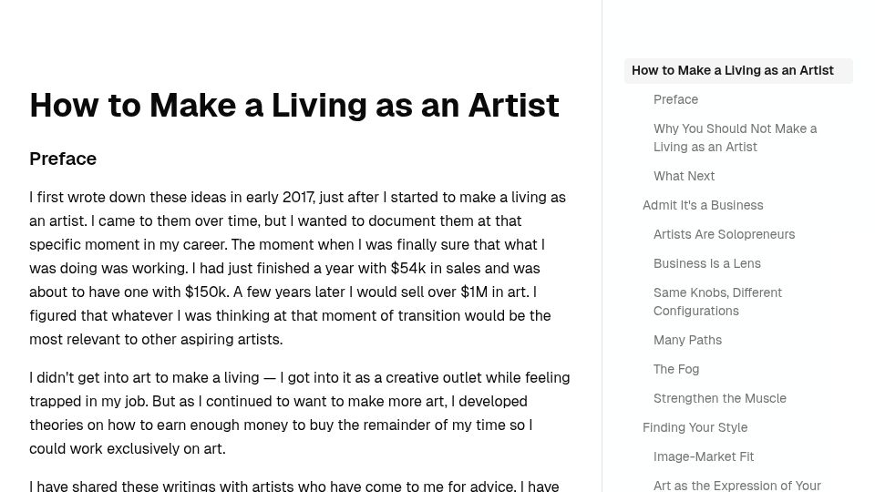 Screenshot of essays.fnnch.com: How to make a living as an artist