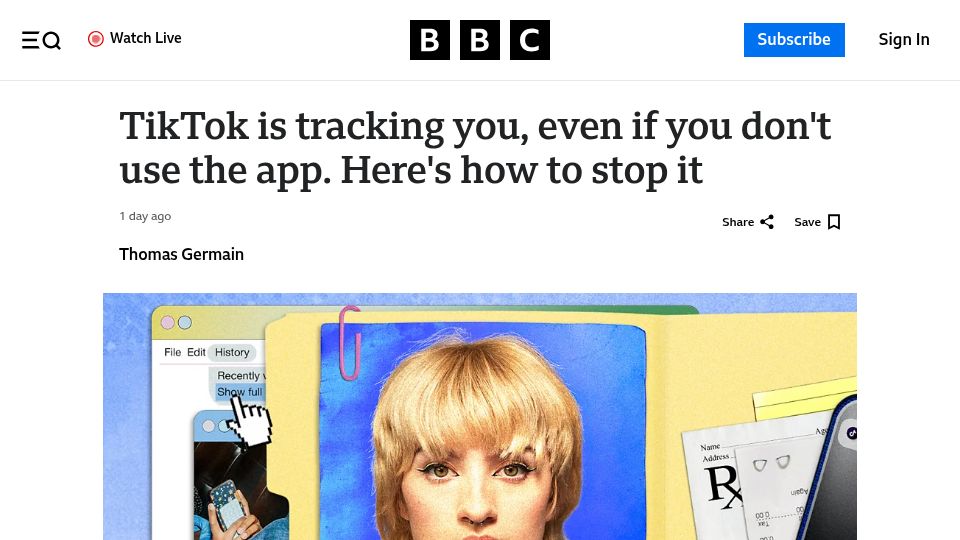 Screenshot of bbc.com: TikTok is tracking you, even if you don't use the app