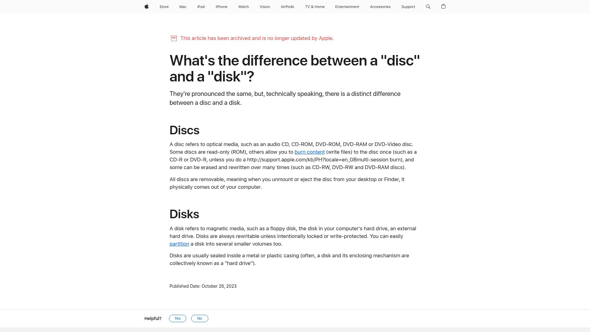Screenshot of support.apple.com: What's the difference between a "disc" and a "disk"? (2023)
