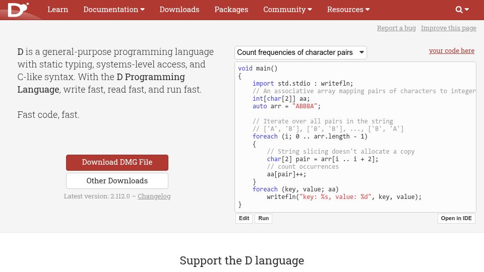 Screenshot of dlang.org: D Programming Language