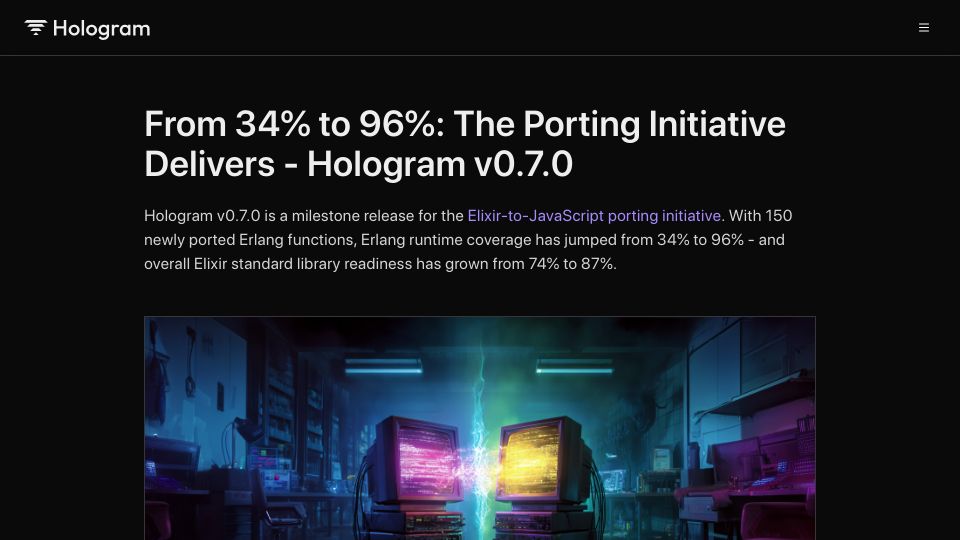 Screenshot of hologram.page: Hologram v0.7.0: Milestone release for Elixir-to-JavaScript porting initiative