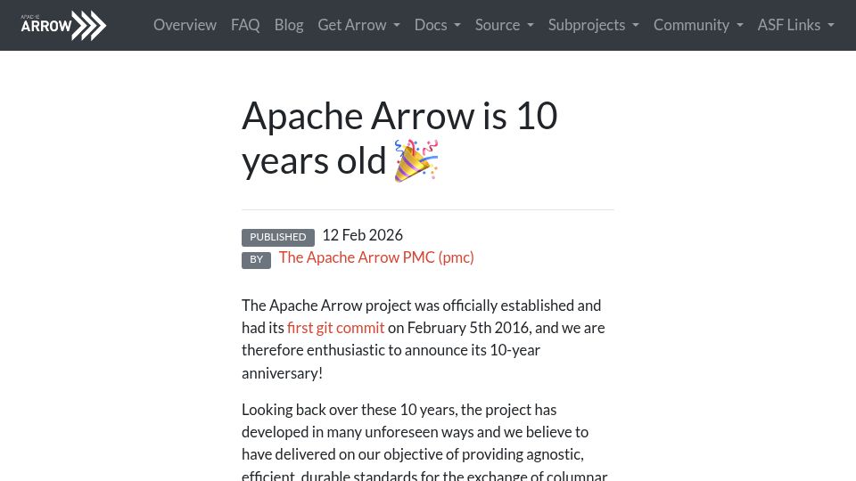 Screenshot of arrow.apache.org: Apache Arrow is 10 years old