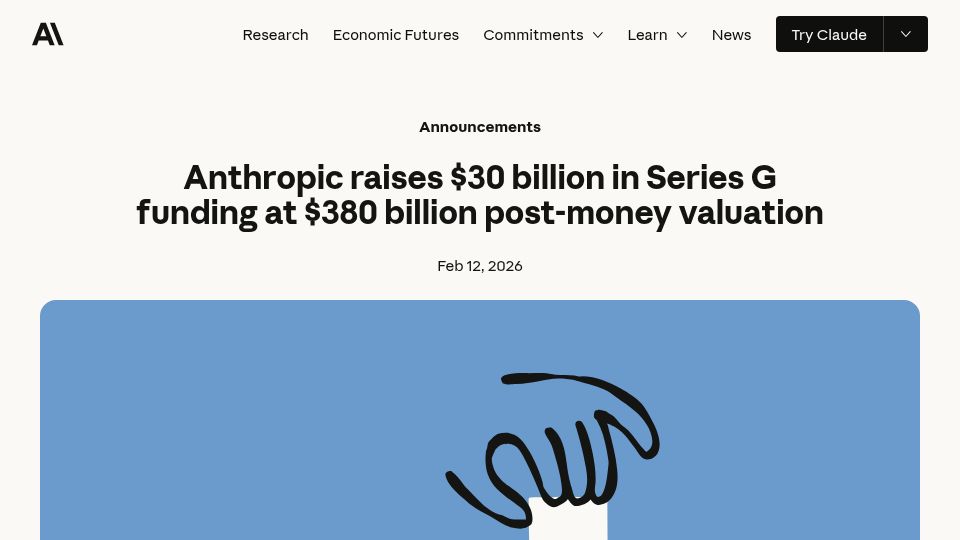 Screenshot of anthropic.com: Anthropic raises $30B in Series G funding at $380B post-money valuation
