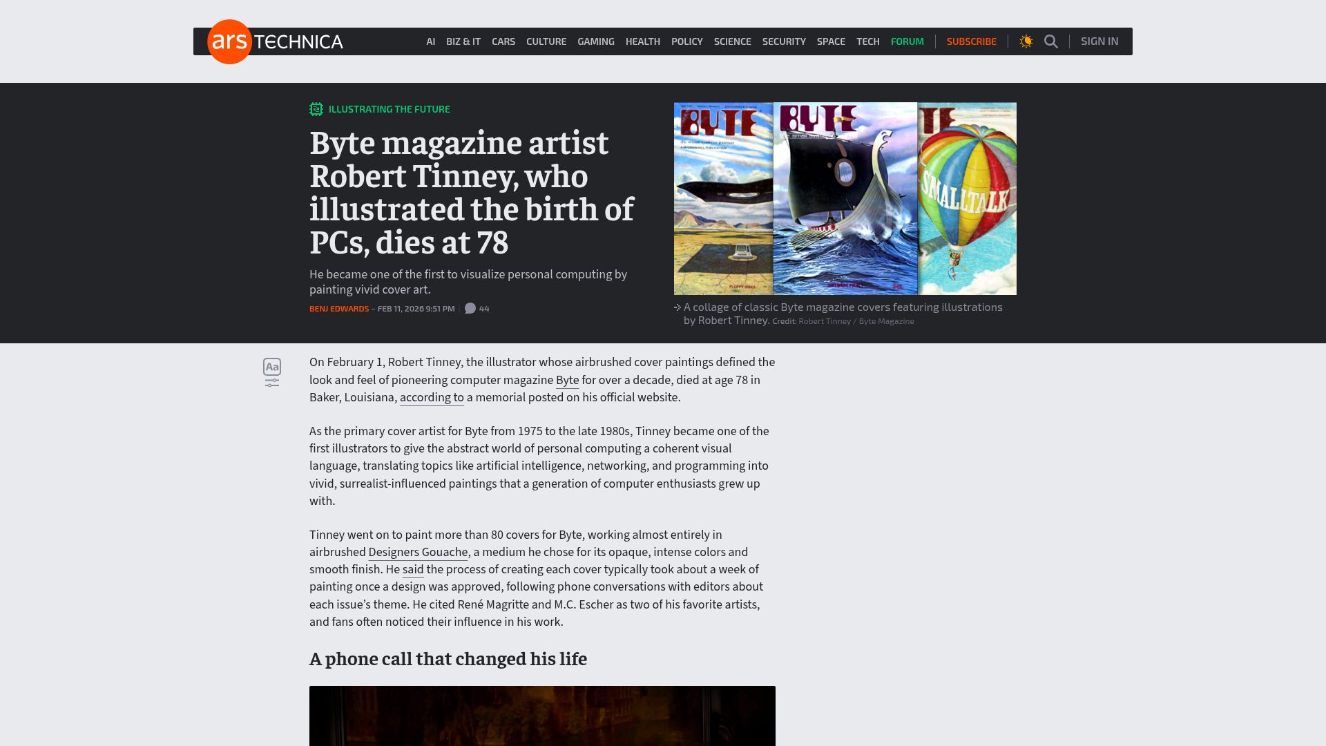 Screenshot of arstechnica.com: Byte magazine artist Robert Tinney, who illustrated the birth of PCs, dies at 78