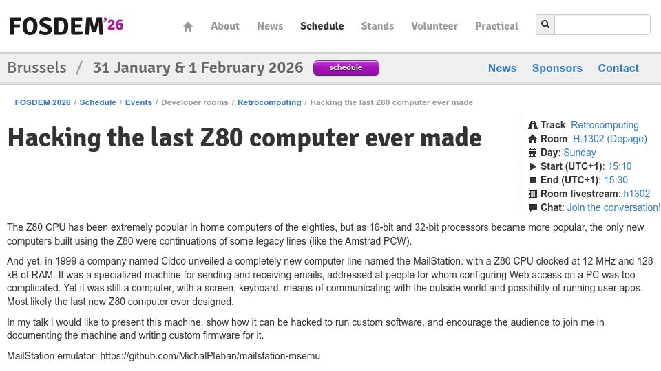 Screenshot of fosdem.org: Hacking the last Z80 computer – FOSDEM 2026 [video]