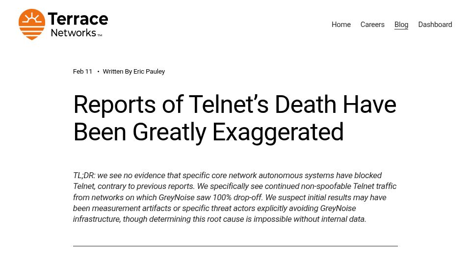 Screenshot of terracenetworks.com: Reports of Telnet's death have been greatly exaggerated