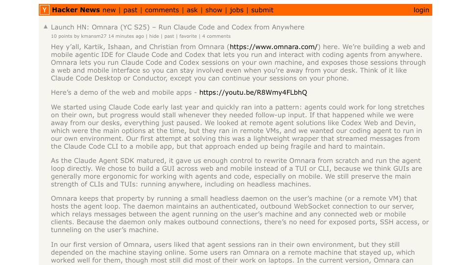 Screenshot of Hacker News post: Launch HN: Omnara (YC S25) – Run Claude Code and Codex from anywhere