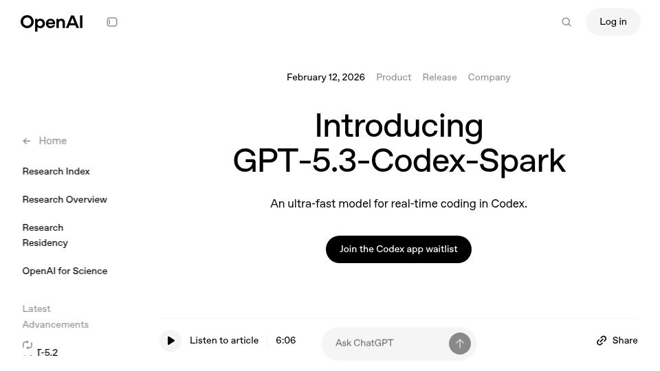 Screenshot of openai.com: GPT‑5.3‑Codex‑Spark