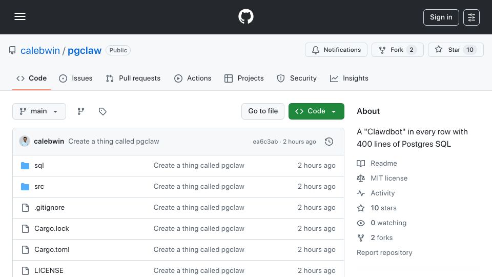Screenshot of github.com: Show HN: Pgclaw – A "Clawdbot" in every row with 400 lines of Postgres SQL