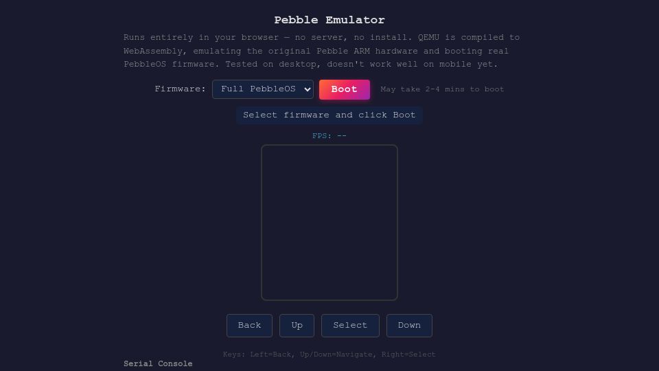 Screenshot of ericmigi.github.io: Run Pebble OS in Browser via WASM