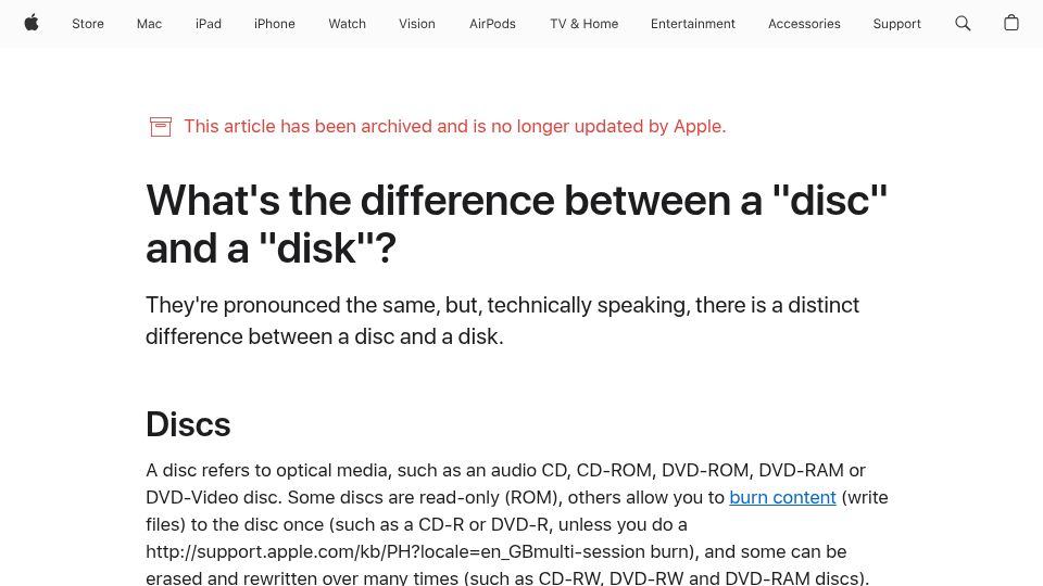 Screenshot of support.apple.com: What's the difference between a "disc" and a "disk"? (2023)