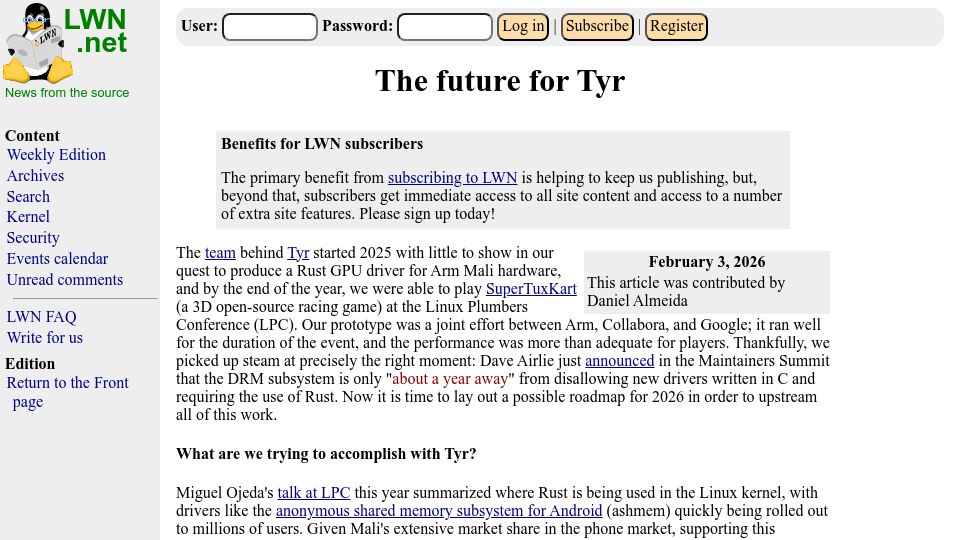 Screenshot of lwn.net: The Future for Tyr, a Rust GPU Driver for Arm Mali Hardware