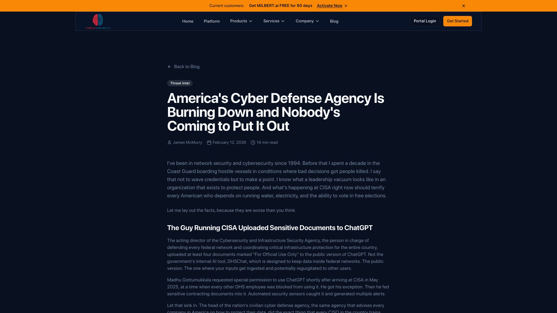Screenshot of threathunter.ai: America's Cyber Defense Agency Is Burning Down and Nobody's Coming to Put It Out