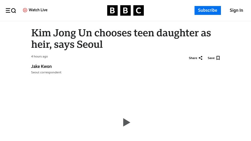 Screenshot of bbc.com: Kim Jong Un chooses teen daughter as heir