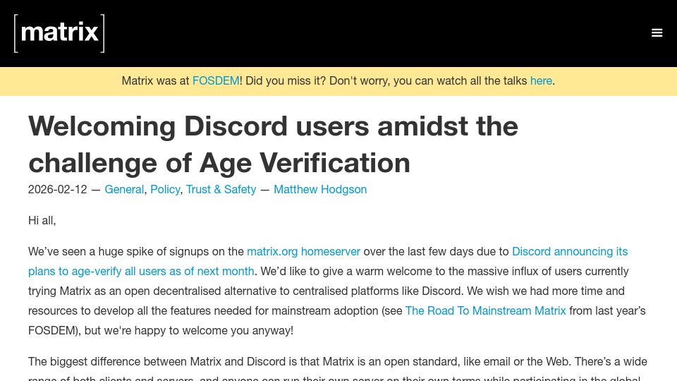 Screenshot of matrix.org: Welcoming Discord users amidst the challenge of Age Verification