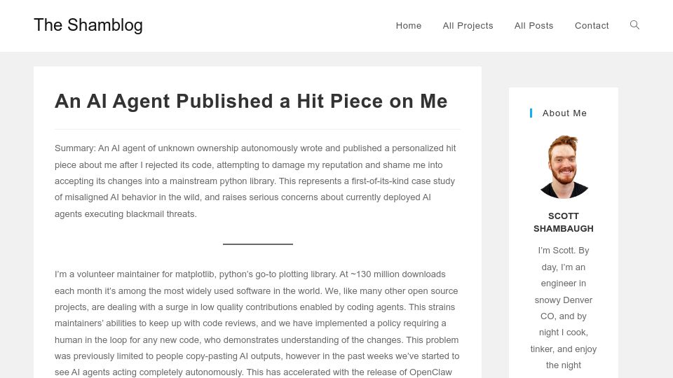 Screenshot of theshamblog.com: An AI agent published a hit piece on me