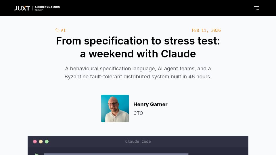 Screenshot of juxt.pro: From specification to stress test: a weekend with Claude