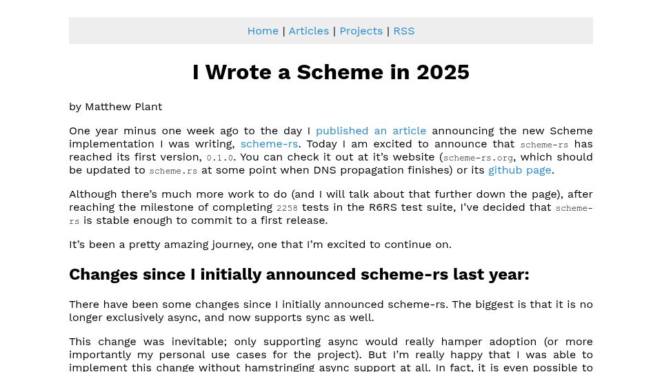 Screenshot of maplant.com: I Wrote a Scheme in 2025