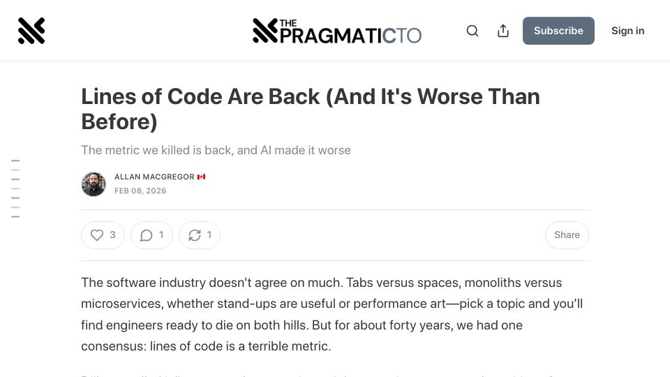 Screenshot of thepragmaticcto.com: Lines of Code Are Back (and It's Worse Than Before)