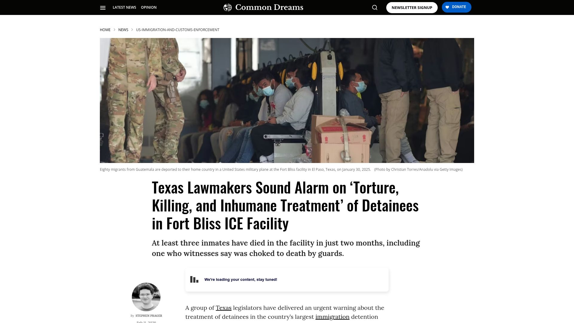 Screenshot of commondreams.org: Texas Lawmakers Sound Alarm on 'Torture, Killing, and Inhumane Treatment'