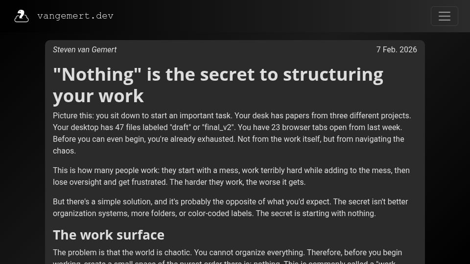 Screenshot of vangemert.dev: “Nothing” is the secret to structuring your work