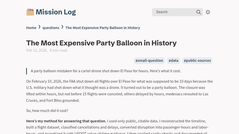 Screenshot of log.jasongodfrey.info: A party balloon shut down El Paso International Airport; estimated cost –$573k