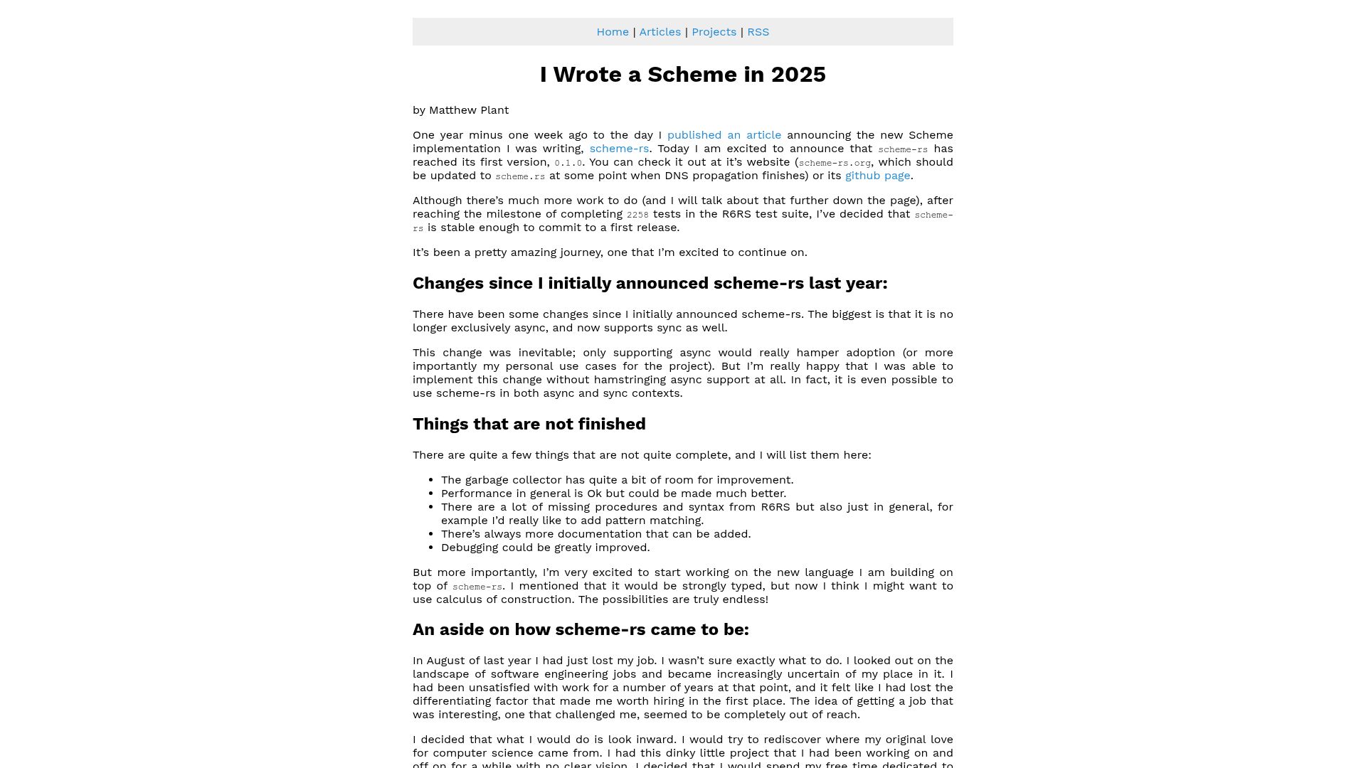Screenshot of maplant.com: I Wrote a Scheme in 2025
