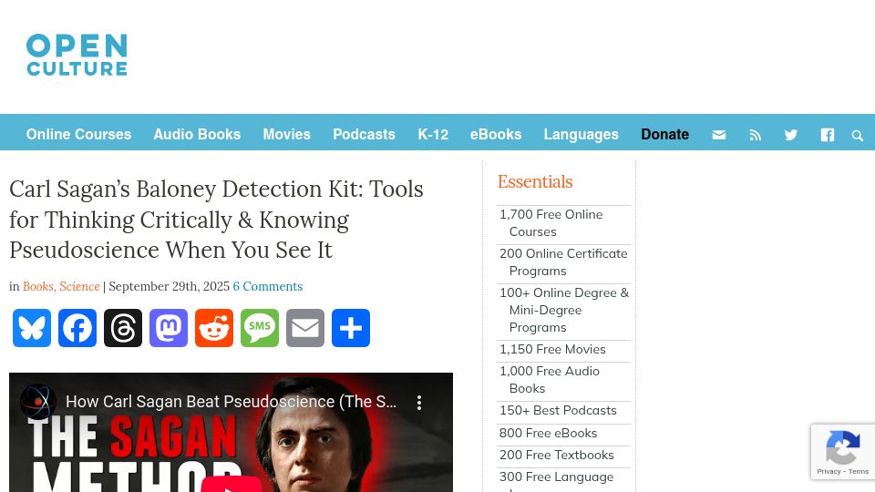 Screenshot of openculture.com: Carl Sagan's Baloney Detection Kit: Tools for Thinking Critically (2025)