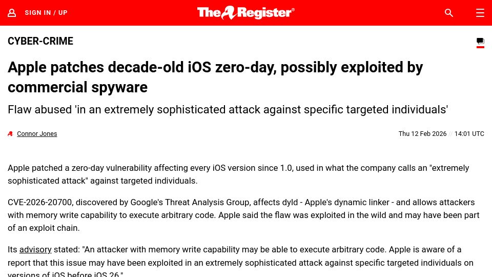 Screenshot of theregister.com: Apple patches decade-old iOS zero-day, possibly exploited by commercial spyware