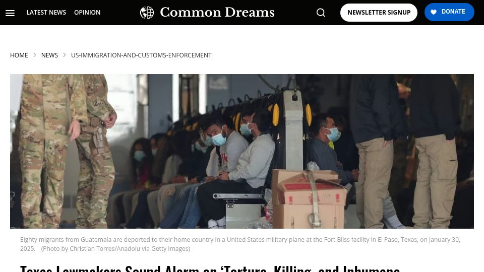 Screenshot of commondreams.org: Texas Lawmakers Sound Alarm on 'Torture, Killing, and Inhumane Treatment'