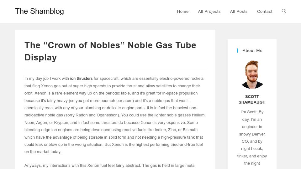 Screenshot of theshamblog.com: The "Crown of Nobles" Noble Gas Tube Display (2024)