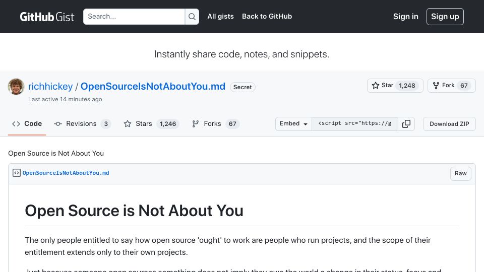 Screenshot of gist.github.com: Open source is not about you (2018)