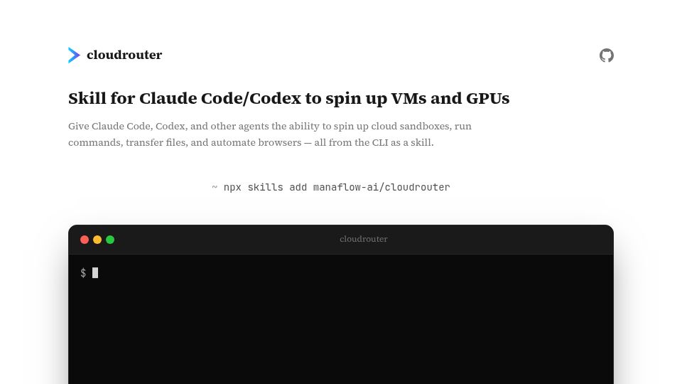 Screenshot of cloudrouter.dev: Show HN: Skill that lets Claude Code/Codex spin up VMs and GPUs