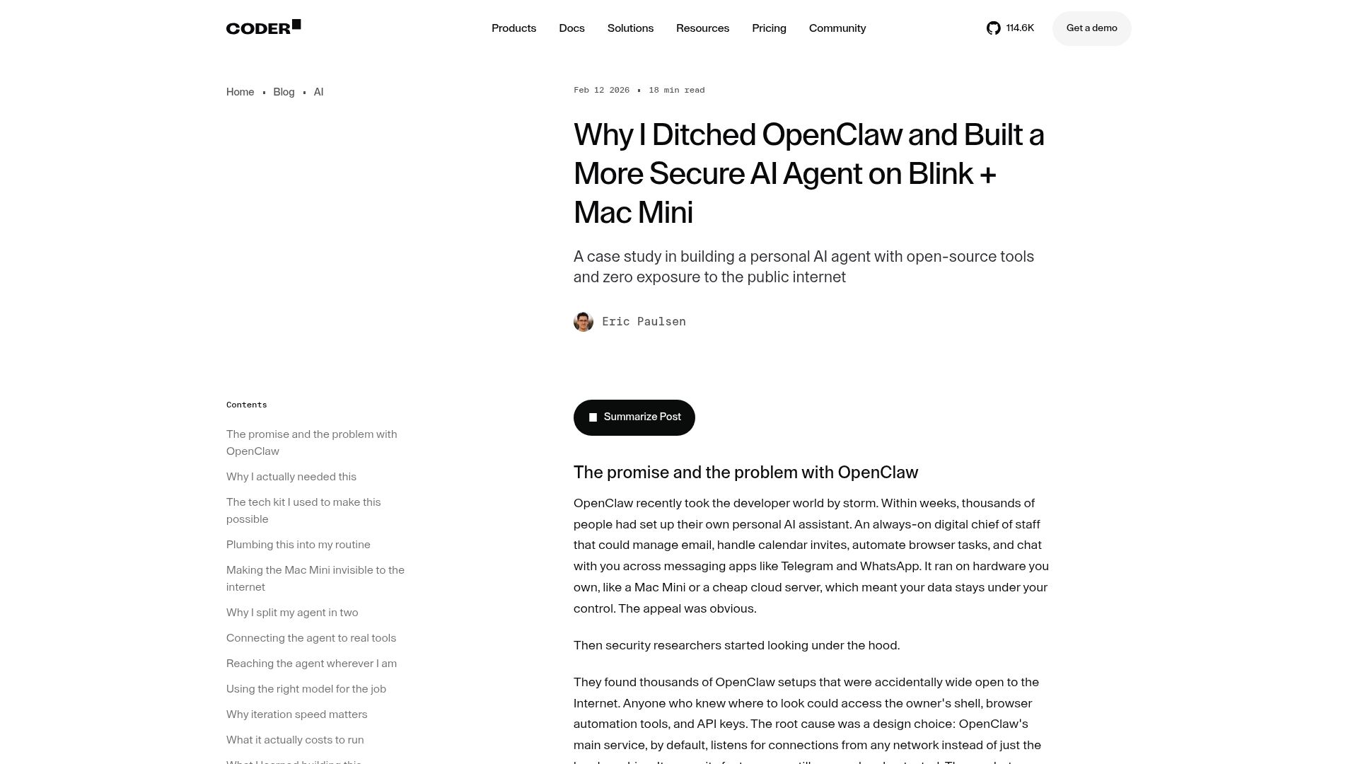 Screenshot of coder.com: I ditched OpenClaw and built a more secure AI agent (Blink and Mac Mini)