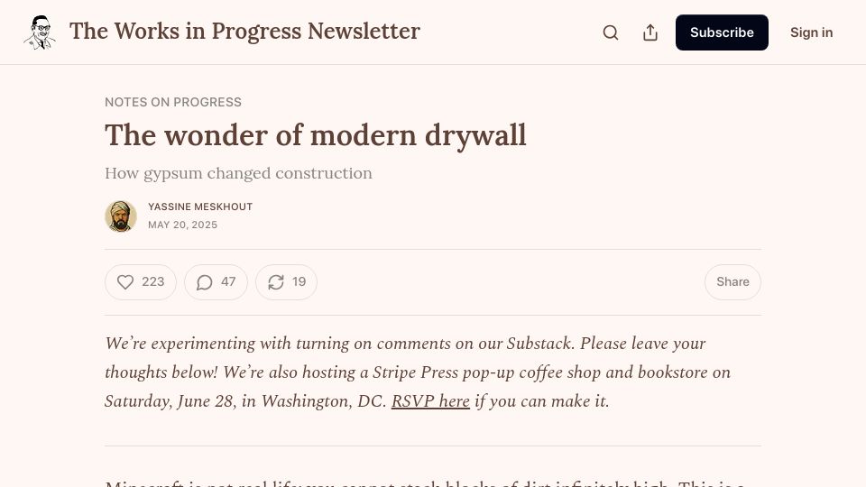 Screenshot of worksinprogress.news: The wonder of modern drywall