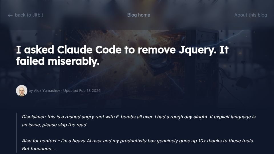Screenshot of jitbit.com: I asked Claude Code to remove jQuery. It failed miserably