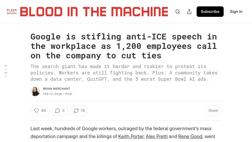 Screenshot of bloodinthemachine.com: Google is stifling anti-ICE speech in the workplace