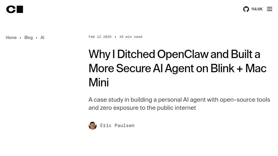 Screenshot of coder.com: I ditched OpenClaw and built a more secure AI agent (Blink and Mac Mini)