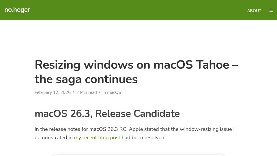 Screenshot of noheger.at: Resizing windows on macOS Tahoe – the saga continues