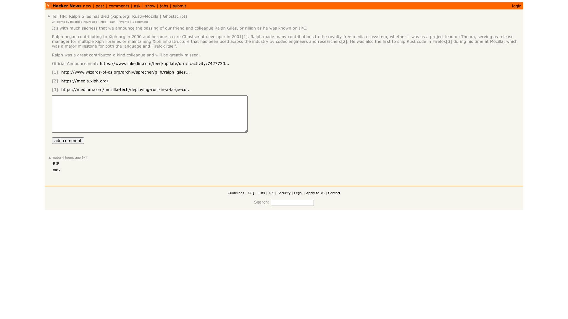 Screenshot of this Hacker News post: Tell HN: Ralph Giles has died (Xiph.org| Rust@Mozilla | Ghostscript)