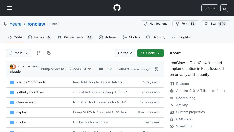 Screenshot of github.com: IronClaw: a Rust-based clawd that runs tools in isolated WASM sandboxes