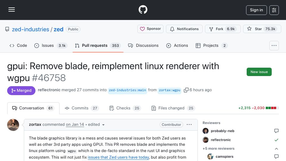 Screenshot of github.com: Zed editor switching graphics lib from blade to wgpu