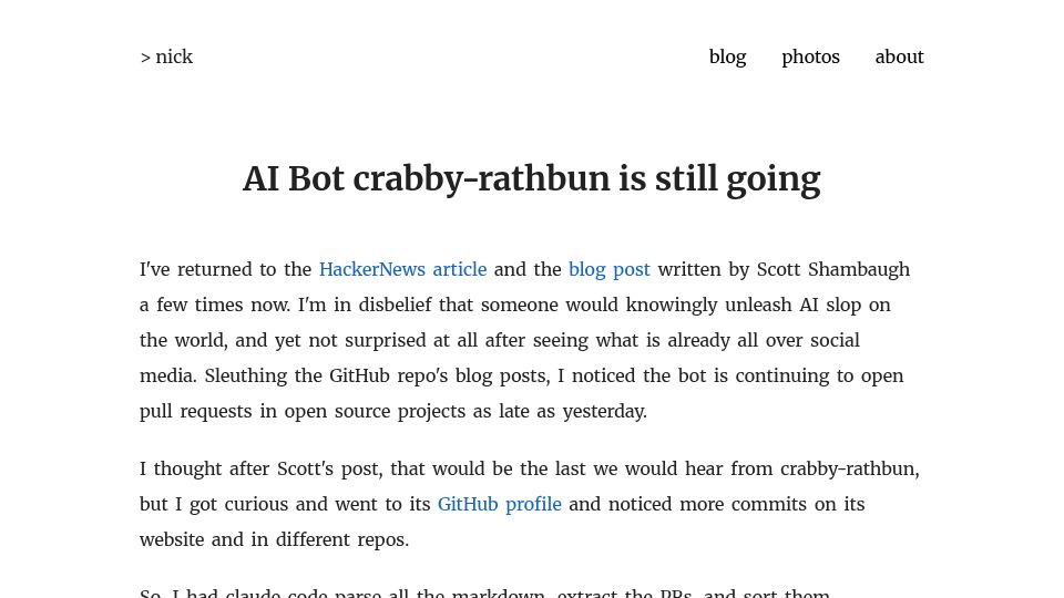 Screenshot of nickolinger.com: AI bot crabby-rathbun is still polluting open source