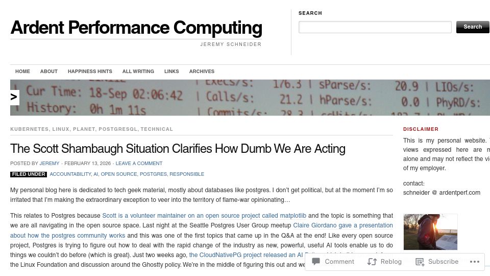 Screenshot of ardentperf.com: The "AI agent hit piece" situation clarifies how dumb we are acting
