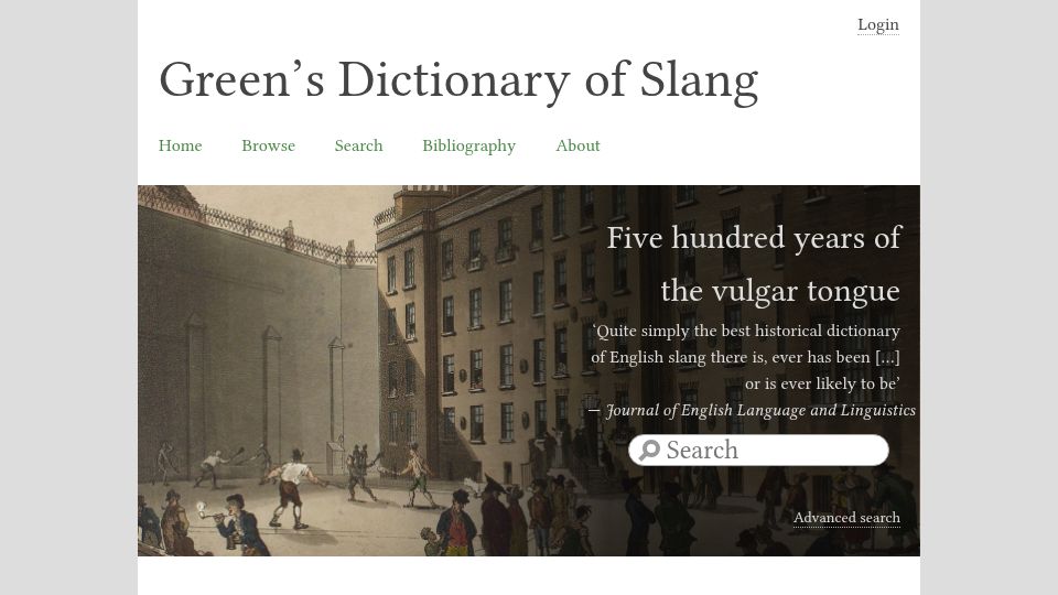 Screenshot of greensdictofslang.com: Green’s Dictionary of Slang - Five hundred years of the vulgar tongue
