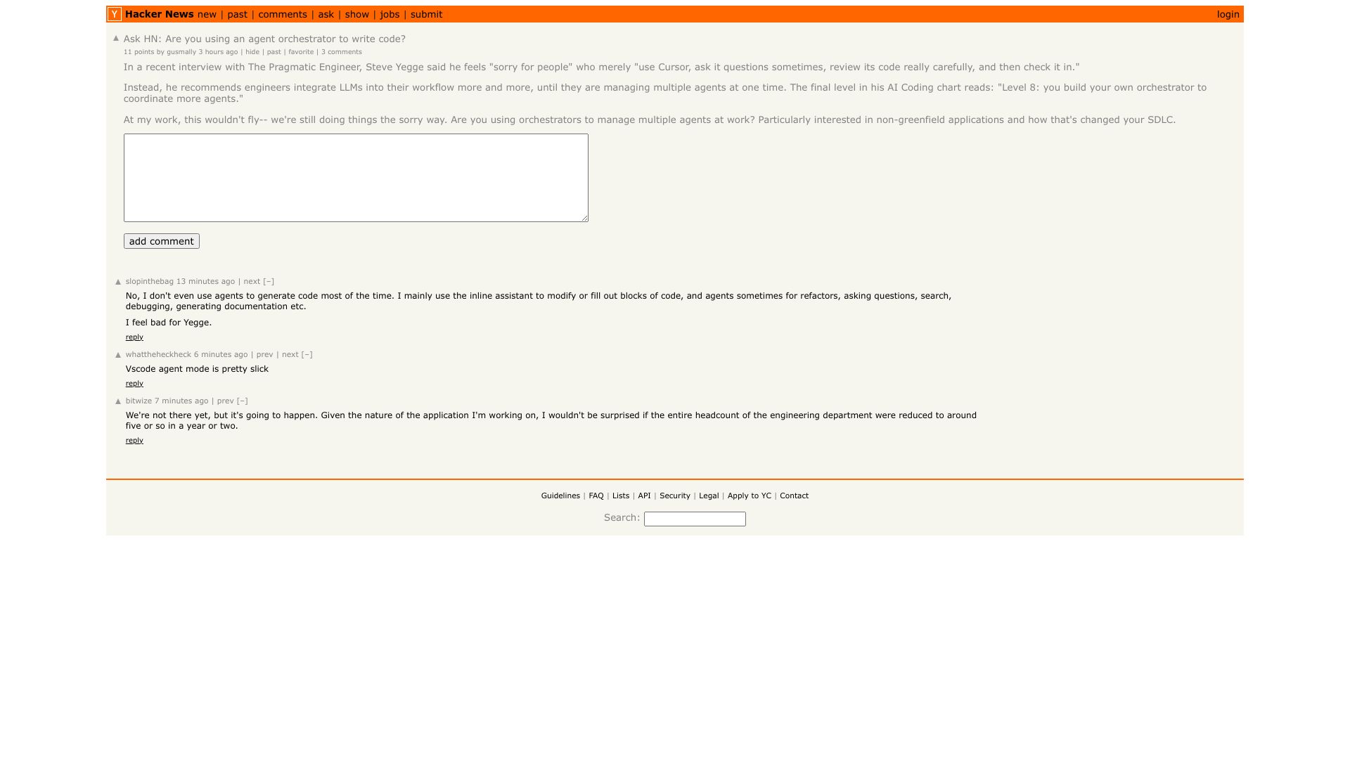 Screenshot of this Hacker News post: Ask HN: Are you using an agent orchestrator to write code?