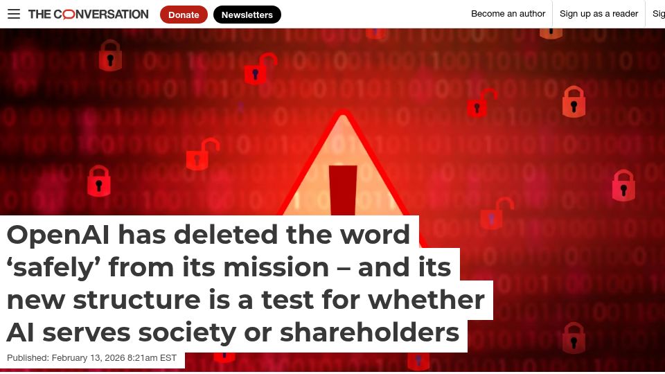 Screenshot of theconversation.com: OpenAI has deleted the word 'safely' from its mission